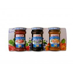 Beyer Jam assortiment 3-pack 96% fruit , aardbei, bosbes, abrikoos, samenwerking met CEED instituut diabetes, ook geschikt voor het keto dieet, Kadoverpakking, suiker arm